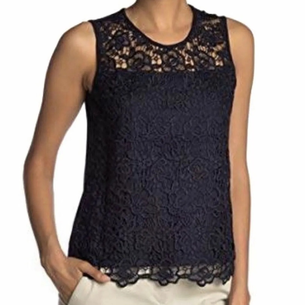 Nanette Lepore Navy Lace Overlay Tank Blouse L